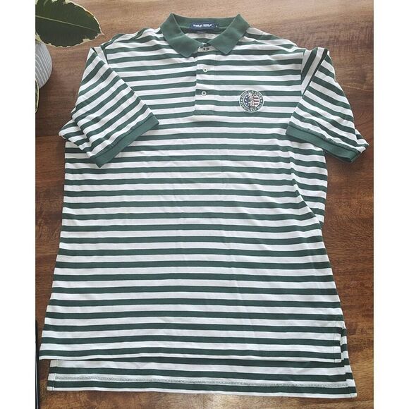 2005 US Open Pinehurst No. 2 Golf Polo Ralph Lauren Shirt Mens L Green Striped C - Picture 1 of 9